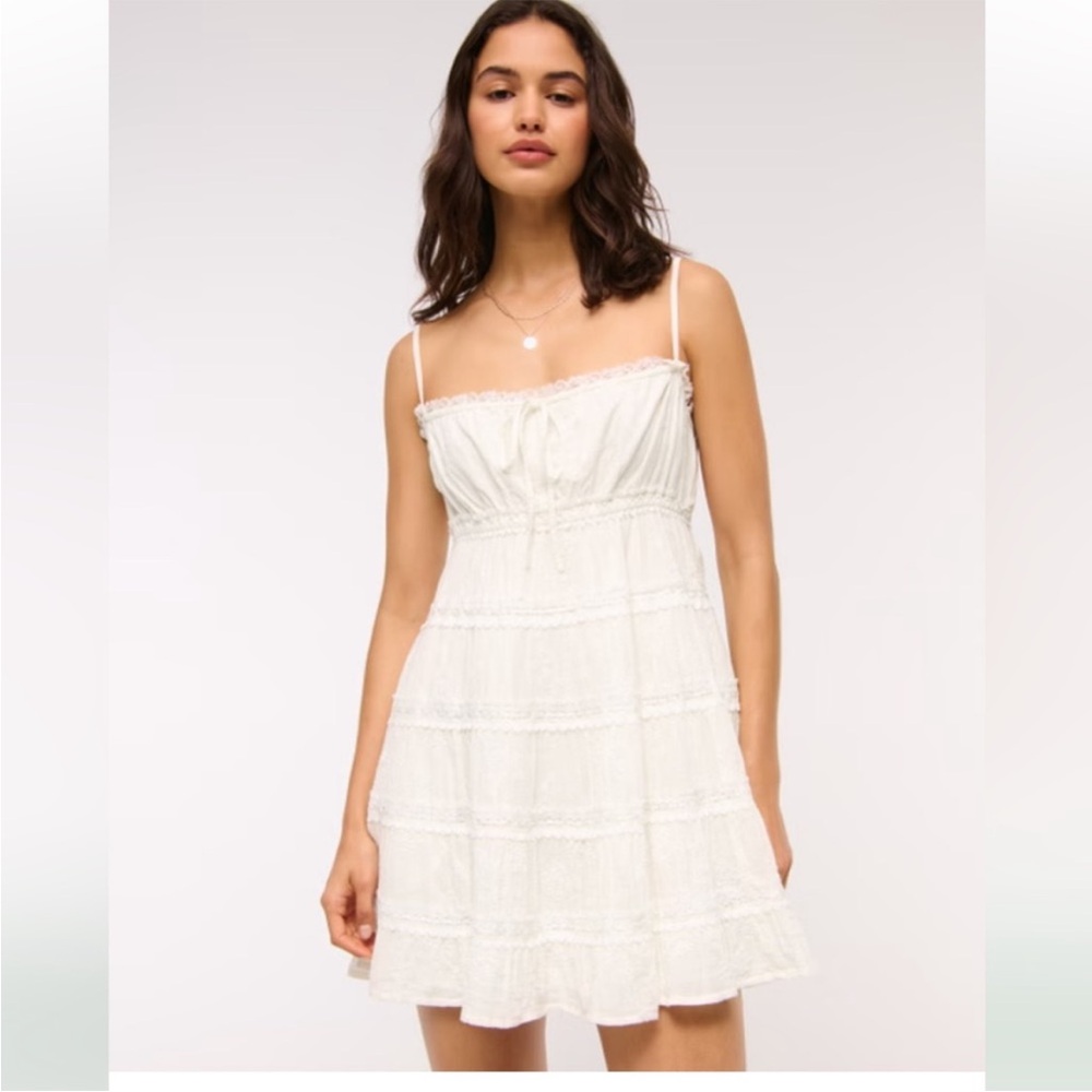 Abercrombie & Fitch Cream Eyelet Tie-Front Tiered Mini Dress